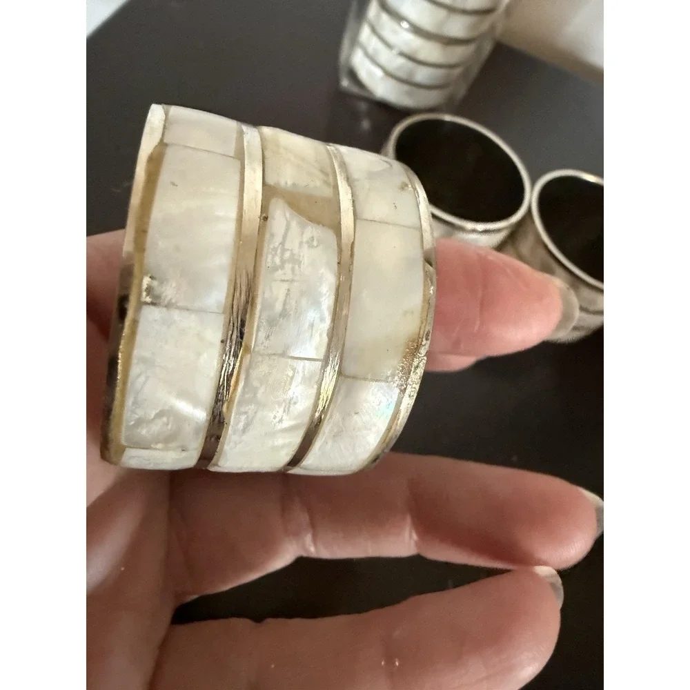 Mother of Pearl‎ Silver Tone Metal Napkin Rings Holders Vintage Set Of 8